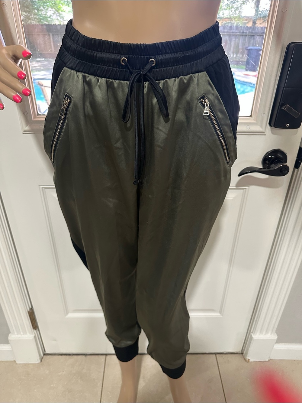 bebe Olive Black Satin-Style Elastic Waist Jogger Pants